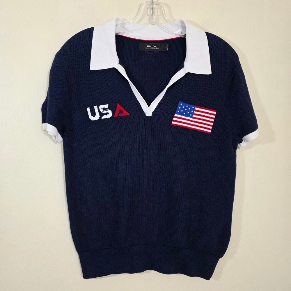 RLX Ralph Lauren Women USA Ryder Cup 2025 Knit Sweater Polo Navy White Size M